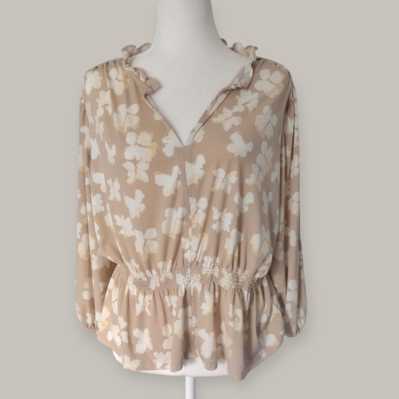 Simply Vera Wang Beige Floral Peplum Blouse Size Large - Picture 1 of 4
